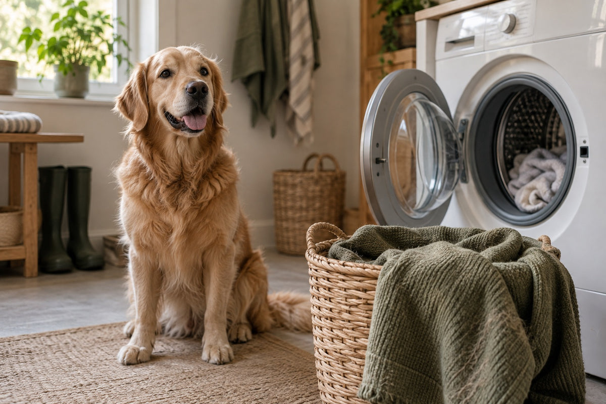Hund ved en kurv med hundeteppe og en åpen vaskemaskin