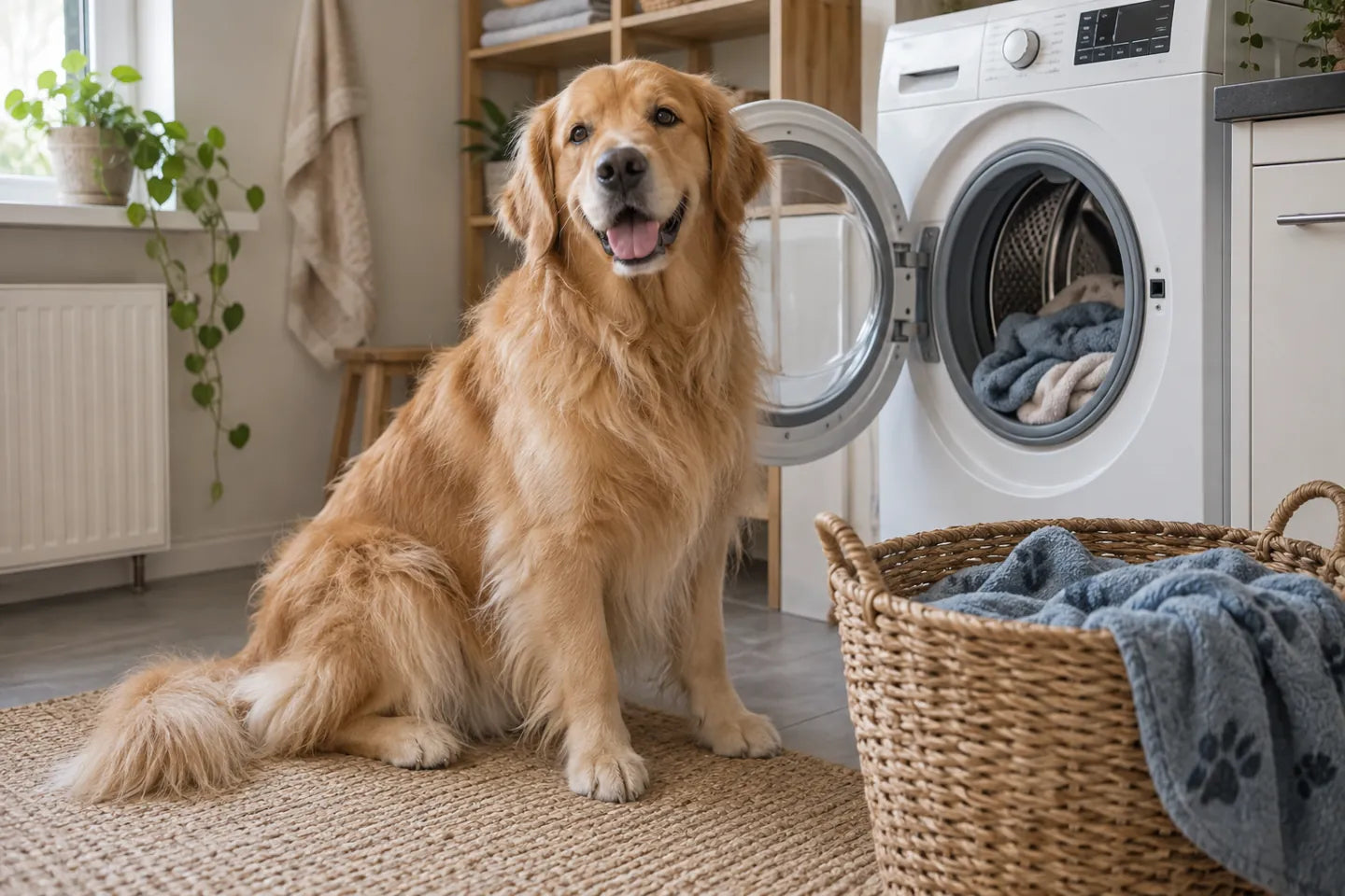 Langhåret golden retriever ved en vaskemaskin og en kurv med hundetepper